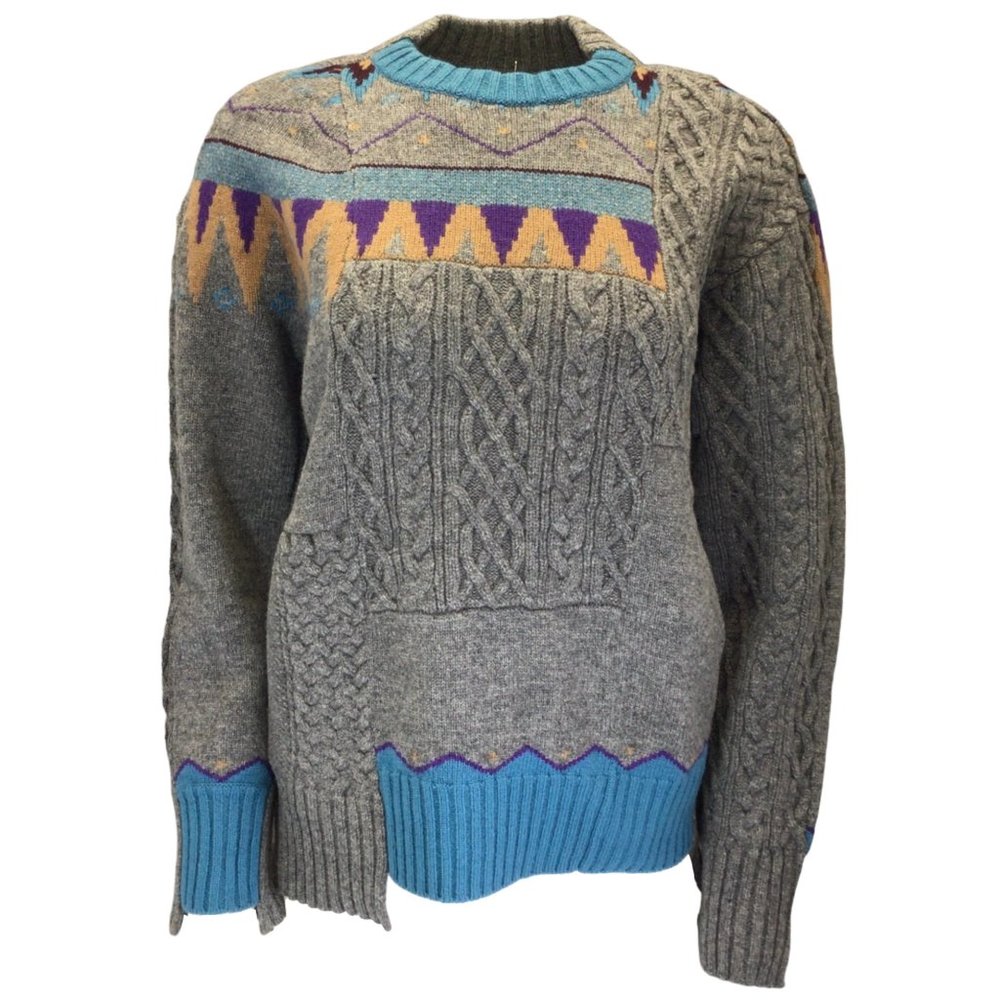 SACAI GREY / BLUE MULTI PATCHWORK CABLE KNIT WOOL SWEATER